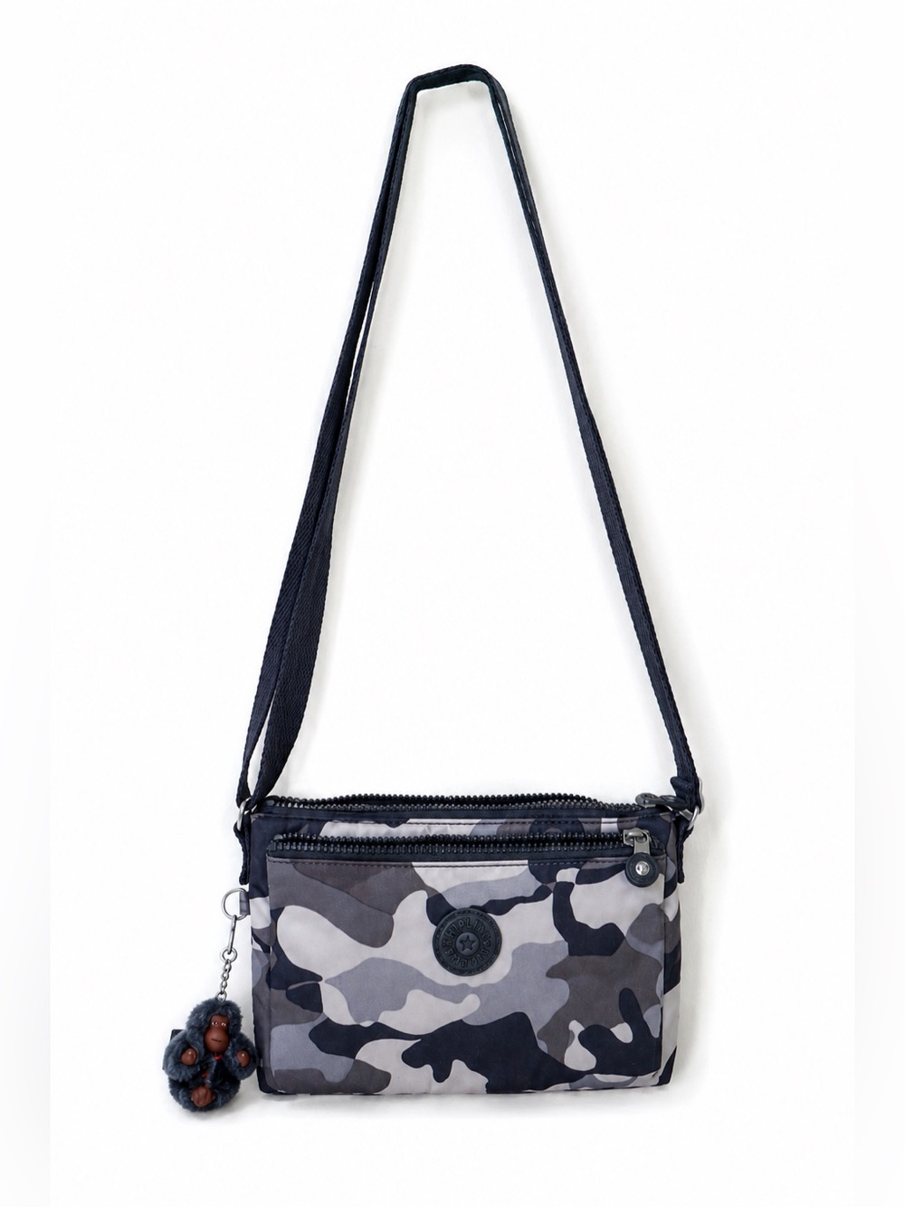 Kipling Blue Gray Camo Callie Crossbody Monkey Keychain Like New